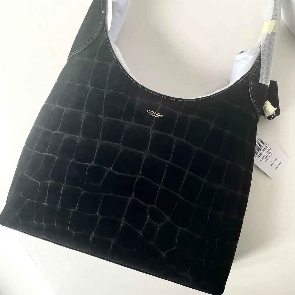 Coach Brooklyn 28 Black Croc-Embossed Suede Hobo Bag